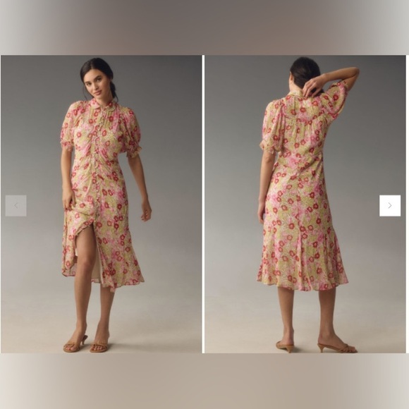 Anthropologie Puff-Sleeved Runched Mesh Midi Shirt Dress - Picture 1 of 11